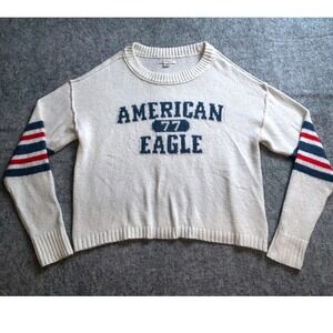 American Eagle Cream Knit Sweater Women's XS Red Blue‎ Striped Sleeve Pullover